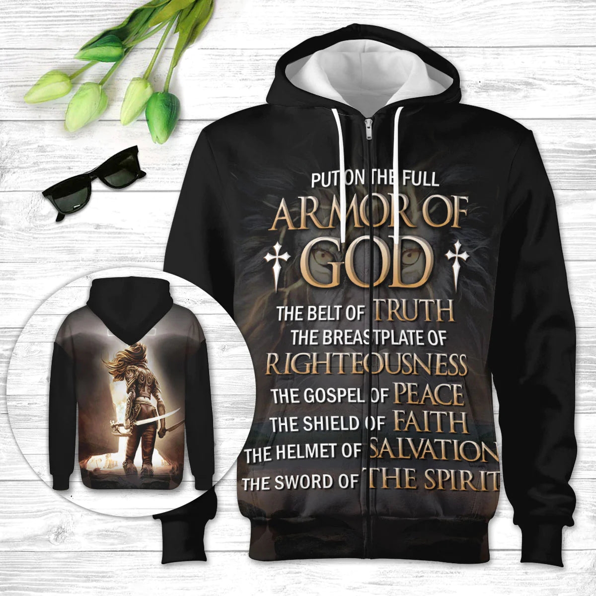 Christianartbag Clothing, Put On The Full Armor of God, Cross And Lion, Christian 3D T-Shirt, Christian 3D Hoodie, Christian 3D Sweater, Unisex 3D T-Shirt. - Christian Art Bag