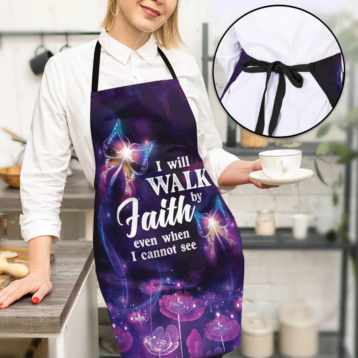 Christianartbag Apron, I Will Walk By Faith Even I Cannot See, Flower And Butterfly, Apron for Women, Gift For Women, Christmas Gift, - Christian Art Bag