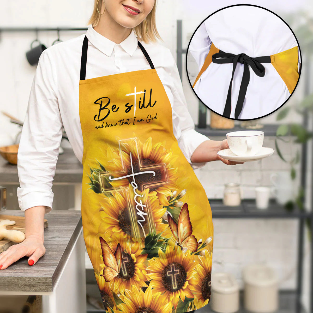 Christianartbag Apron, Be Still And Know That I Am God Psalm 46:10, Sunflower & Faith Cross, Apron for Women, Gift For Women, Christmas Gift, - Christian Art Bag