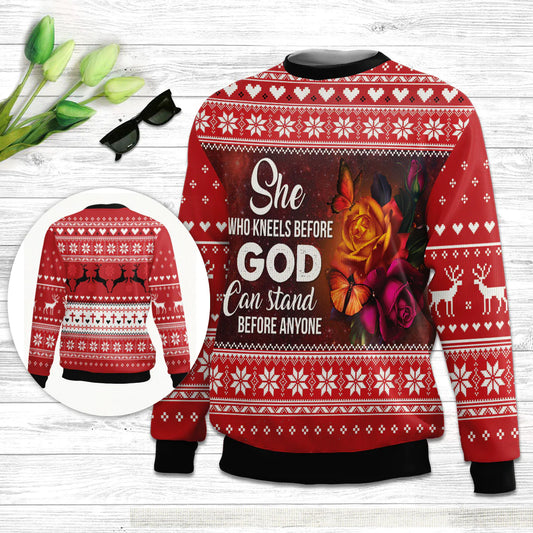 Christianartbag 3D Sweater, She Who Kneels Before God Can Stand Before Anyone, Unisex Sweater, Christmas Gift. - Christian Art Bag