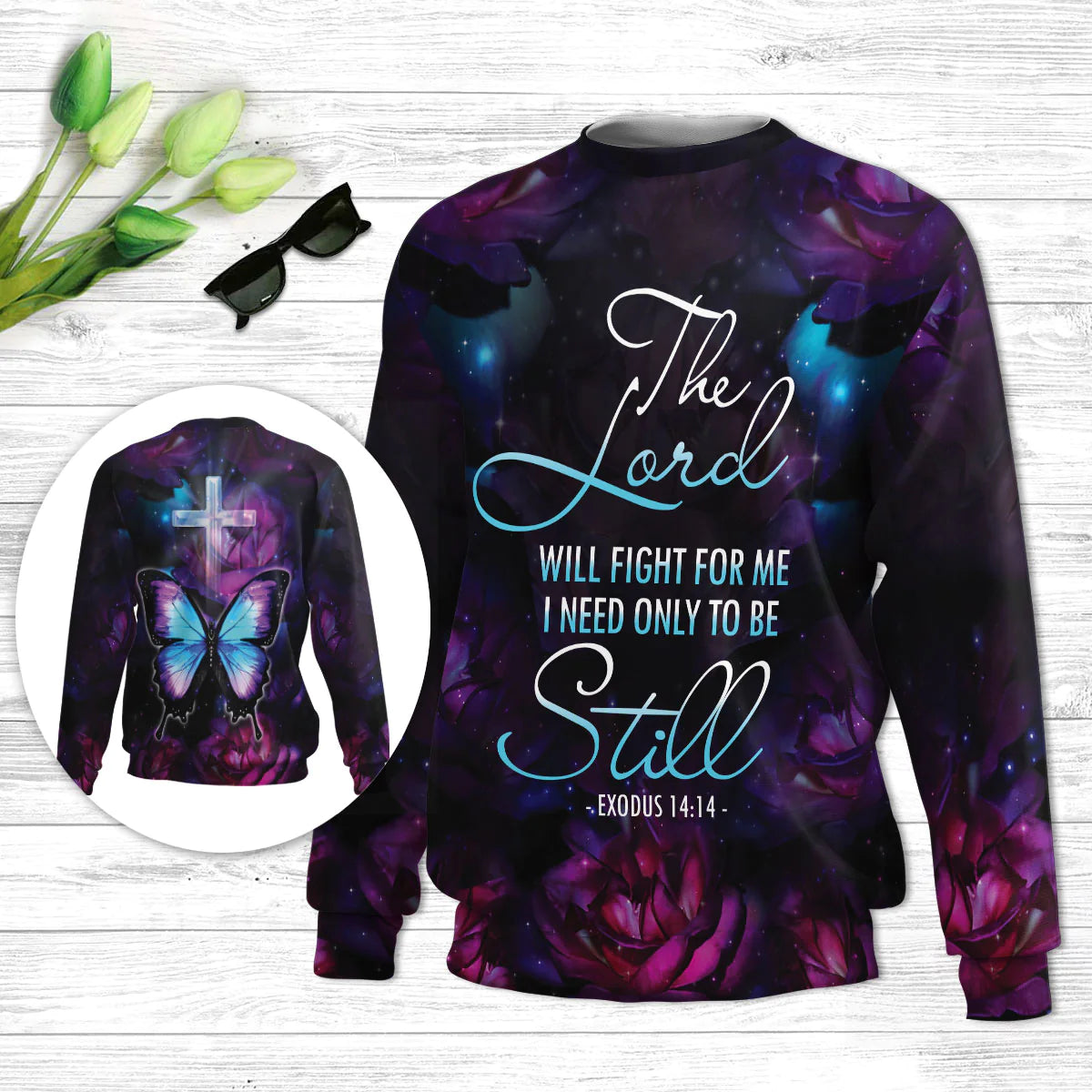 Christianartbag 3D Sweater, I Need Only To Be Still Exodus 14:14, Butterfly & Cross, Unisex Sweater, Christmas Gift. - Christian Art Bag