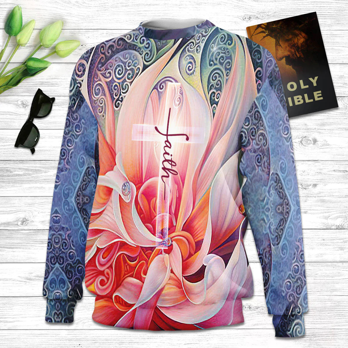 Christianartbag 3D Sweater, Faith Flower And Cross, Unisex Sweater, Christmas Gift. - Christian Art Bag