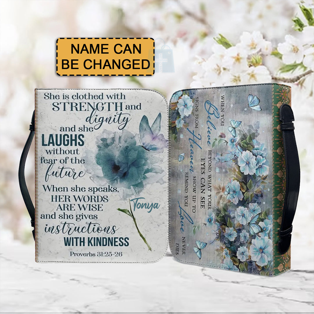 Christianartbag Bible Cover, She Is Clothed With Strength and Dignity Bible Cover, Personalized Bible Cover, Butterfly Flower Bible Cover, Christian Gifts, CAB01081123. - Christian Art Bag