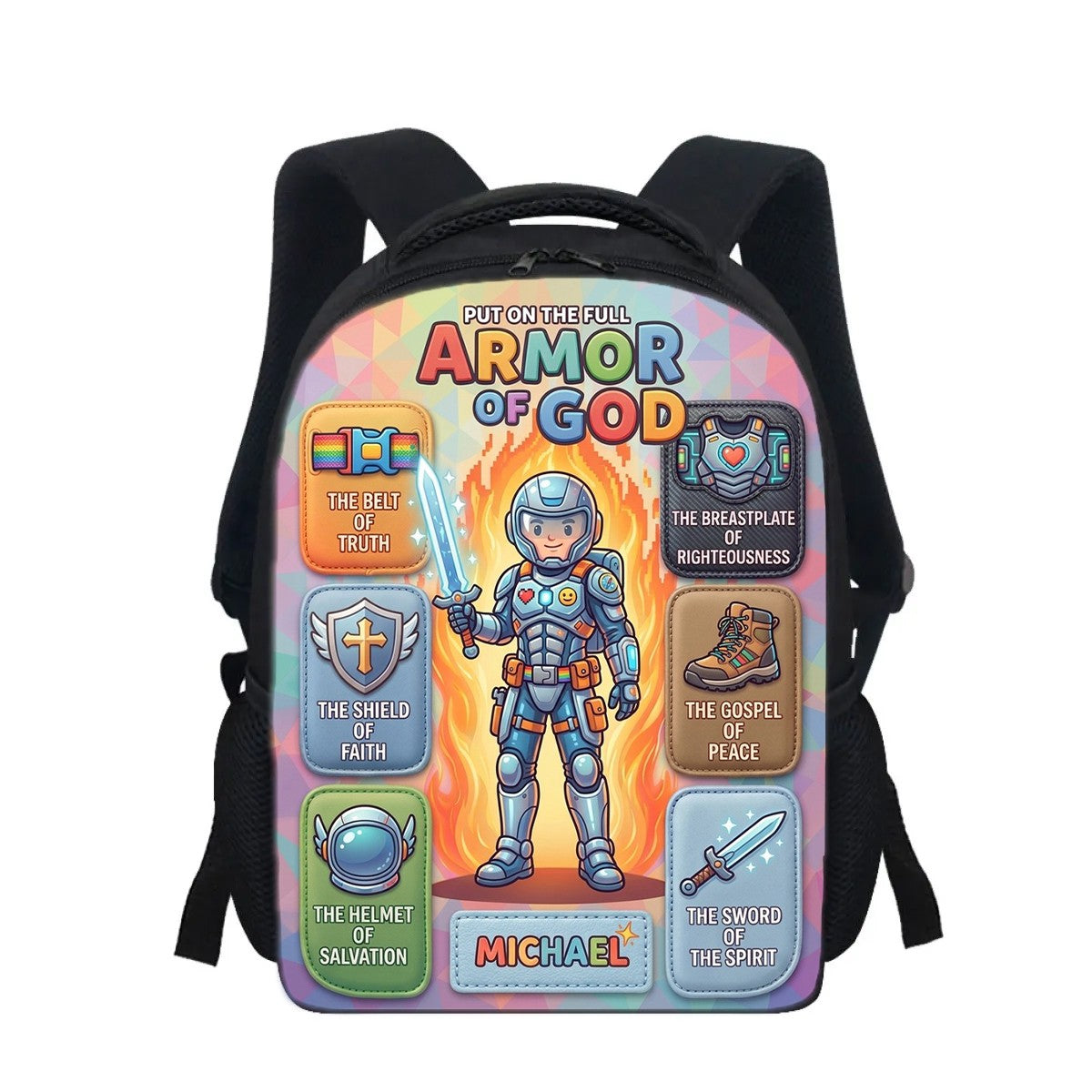 Personalized Armor of God Kids Backpack - Custom Name & Character Christian School Bag | CHRISTIANARTBAG