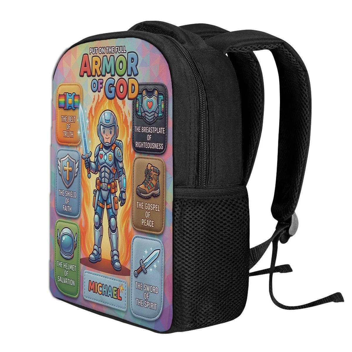 Personalized Armor of God Kids Backpack - Custom Name & Character Christian School Bag | CHRISTIANARTBAG