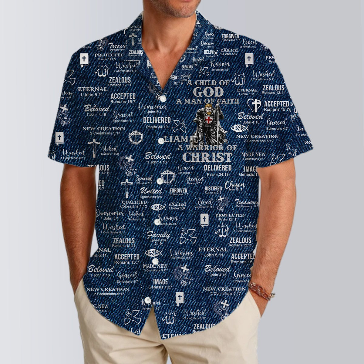 Personalized Christian Hawaiian Shirt – Custom Name, Hair & Beard Style Warrior of Christ Design