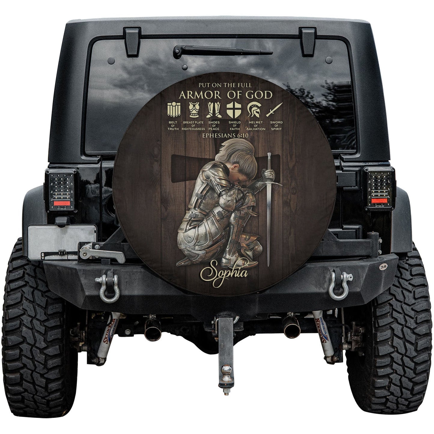 Armor Of God Spare Tire Cover - Knight of Faith Custom Spare Tire Cover by CHRISTIANARTBAG - Personalize with Name & Choose Skin Tone - CABTC0213024. - Christian Art Bag