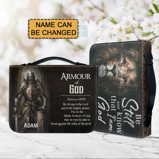 "Armour of God" Knight and Lion of Judah Leather Bible Cover with Personalization - CHRISTIANARTBAG CABBBCV02030324. - Christian Art Bag