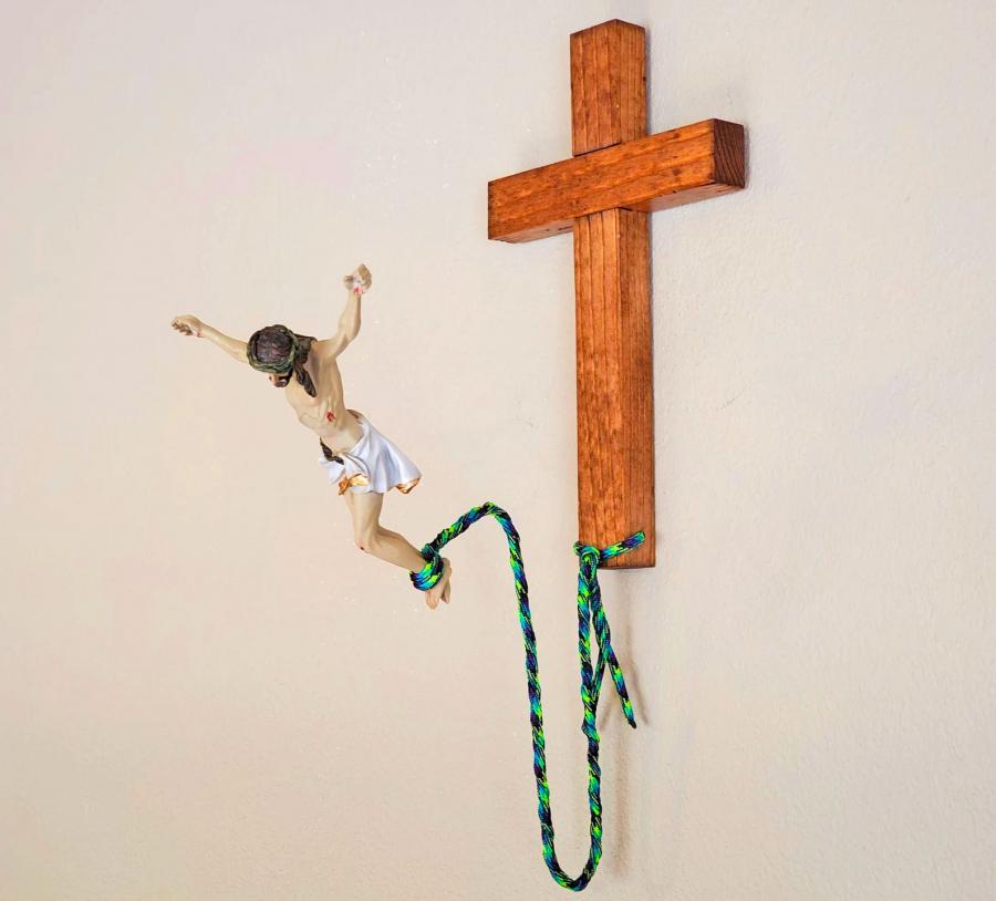 Christianart Decor, The Original BunJesus, Bungee Jumping Jesus, Bungee Jumping Jesus Black, Jesus Jumping Black. - Christian Art Bag