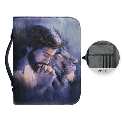 Custom Divine Protector Bible Cover - Personalized Jesus & Lion Artwork, Secure Closure by CHRISTIANARTBAG CABBBCV03270324