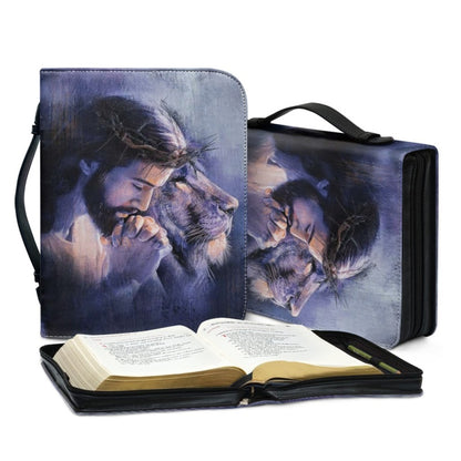 Custom Divine Protector Bible Cover - Personalized Jesus & Lion Artwork, Secure Closure by CHRISTIANARTBAG CABBBCV03270324