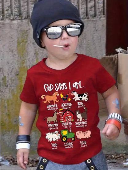 Christianartbag T-shirt, God Says I Am Cute Animals And Letter Print T-Shirt, Children's Printed T-Shirts, CABTK02190923. - Christian Art Bag