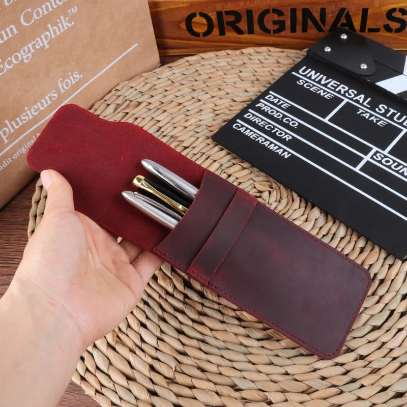 CHRISTIANARTBAG Vintage Leather Pen Case - Handcrafted Cowhide Pencil Bag for Travel Journal Accessories, Fountain Pen Holder