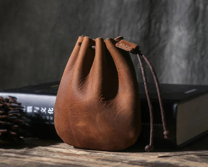 CHRISTIANARTBAG: Vintage Genuine Leather Coin Purse - Small Wallet with Drawstring Storage - CAB06240524