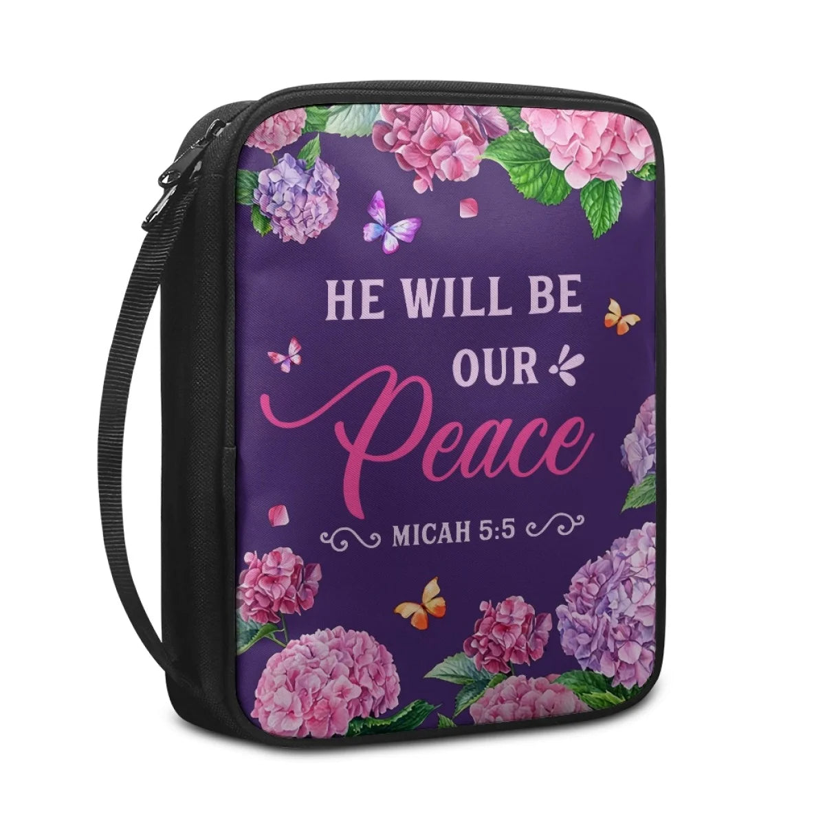 Floral 'He Will Be Our Peace' Canvas Bible Cover – Customizable with Your Name | CHRISTIANARTBAG