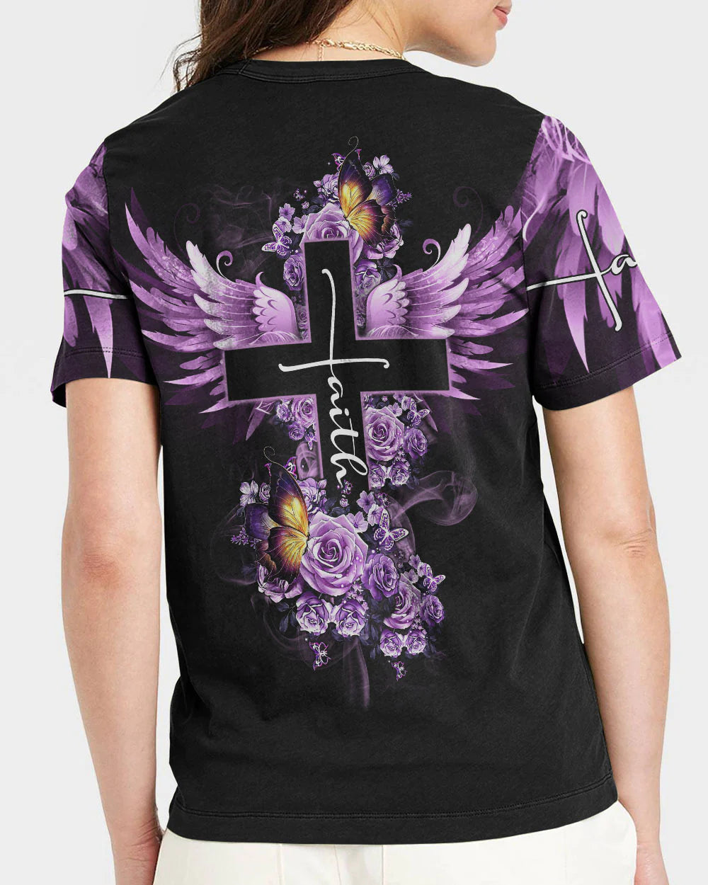 Christianartbag 3D T-Shirt For Women, Faith Butterfly Purple Rose, Christian Shirt, Faithful Fashion, 3D Printed Shirts for Christian Women - Christian Art Bag