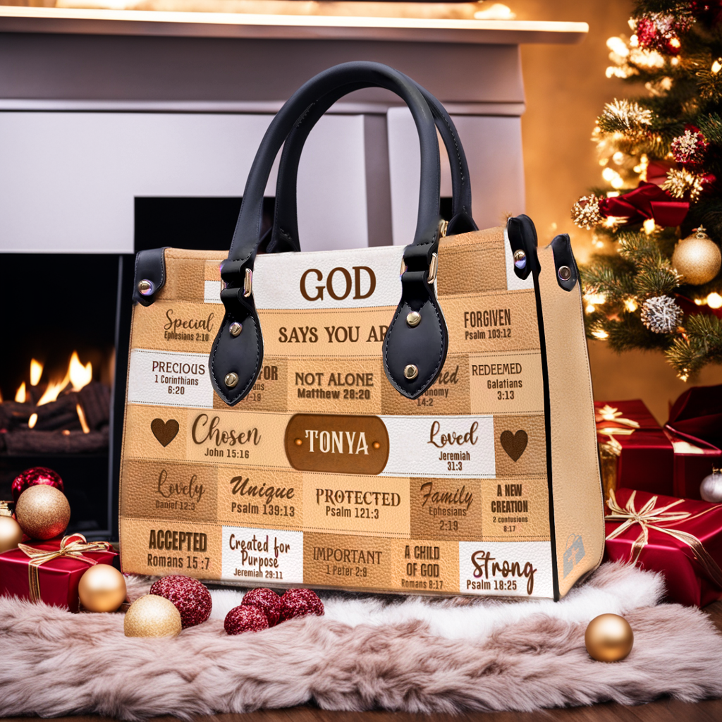 Christianartbag Handbags, God Says I Am Leather Handbag Beige, Personalized Bags, Gifts for Women, Christmas Gift, CABLTB01240923. - Christian Art Bag