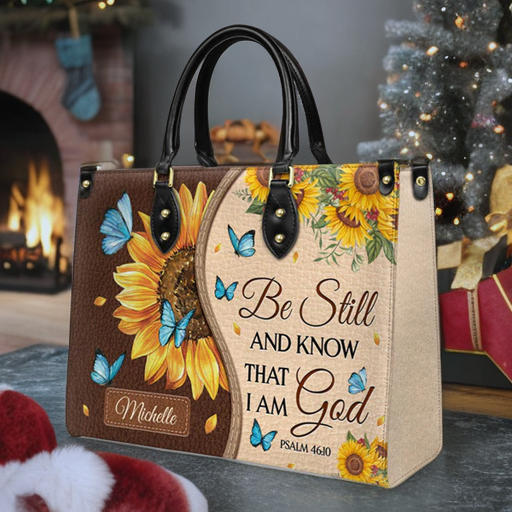 Christianart Designer Handbags, Be Still And Know That I Am God Psalm 46:10 Sunflower Butterfly, Personalized Gifts, Gifts for Women, Christmas Gift. - Christian Art Bag