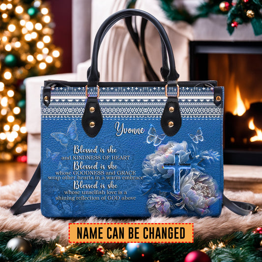 Christianartbag Handbags, Blessed Is She Leather Handbag Blue, Personalized Bags, Gifts for Women, Christmas Gift, CABLTB01290923. - Christian Art Bag