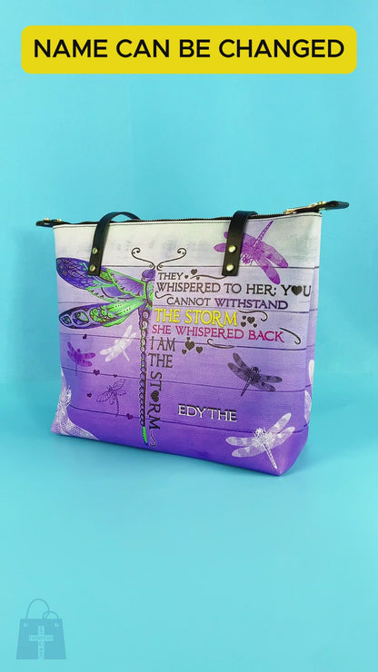 Personalized Leather Tote Bag with Bible Verses – I Am The Storm - Dragonfly | CHRISTIANARTBAG Leather TOTE Bag