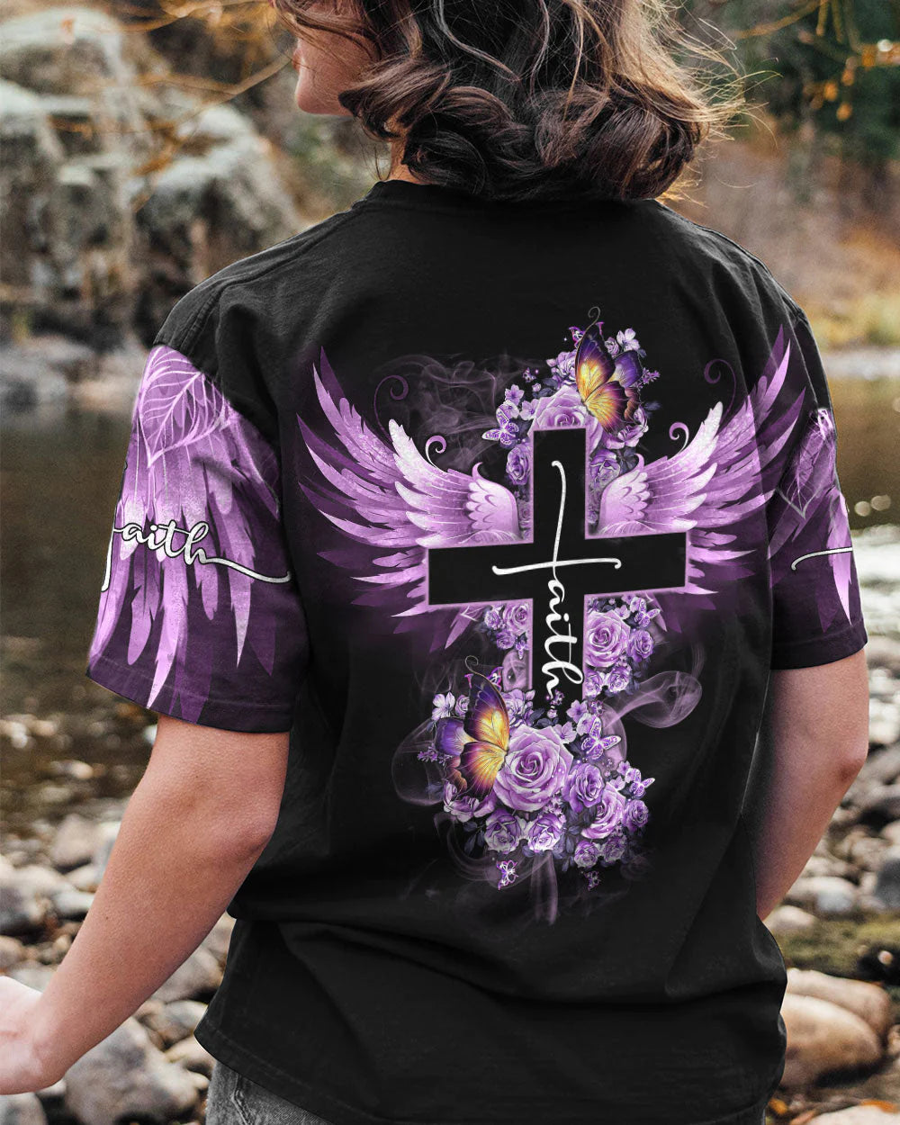 Christianartbag 3D T-Shirt For Women, Faith Butterfly Purple Rose, Christian Shirt, Faithful Fashion, 3D Printed Shirts for Christian Women - Christian Art Bag