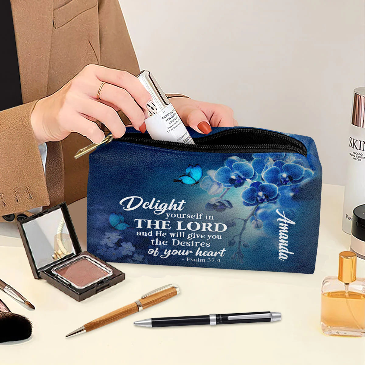 Christianartbag Makeup Cosmetic Bag, Delight Yourself In The Lord Psalm 37:4, Christmas Gift, Personalized Leather Cosmetic Bag. - Christian Art Bag