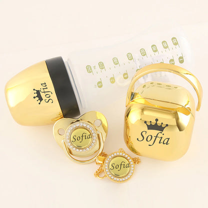 Luxury Any Name Customized Baby Feeding Set Gold Rose Gold Silver Milk Bottle Pacifier Bling Pacifier Case Unique Birthday Gift - Christian Art Bag