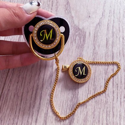 New Name Initials Baby Pacifier and Clip Luxury Black Gold Bling Alphabet Letter Infant Pacifier Gold Letter Unique Baby Shower Gift - Christian Art Bag