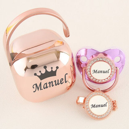 Luxury Personalized Any Name Rose Gold Bling Baby Pacifier And Clips Pacifier Box Set BPA Free Dummy Soother Unique Shower Gift - Christian Art Bag