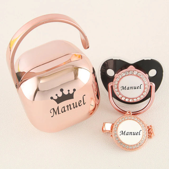 Luxury Personalized Any Name Rose Gold Bling Baby Pacifier And Clips Pacifier Box Set BPA Free Dummy Soother Unique Shower Gift - Christian Art Bag