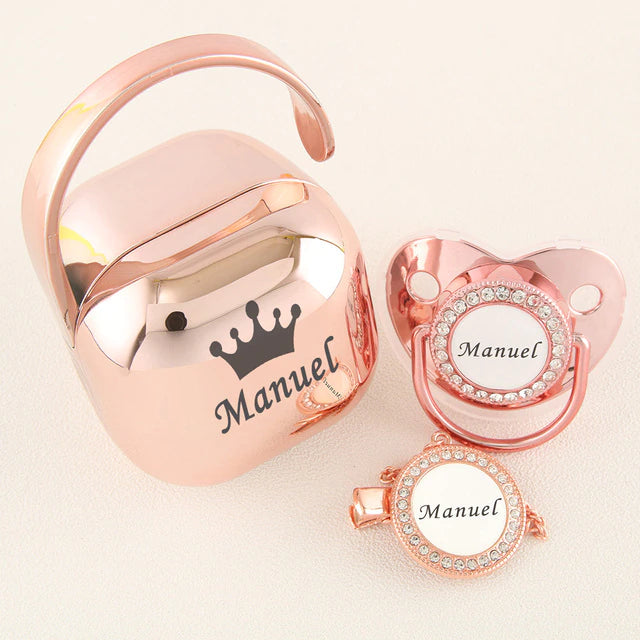 Luxury Personalized Any Name Rose Gold Bling Baby Pacifier And Clips Pacifier Box Set BPA Free Dummy Soother Unique Shower Gift - Christian Art Bag