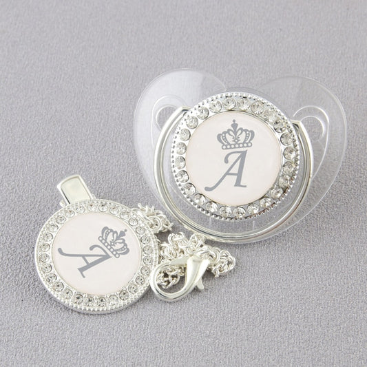 Luxury Silver Crown 26 Name Initial Letter Transparent Baby Pacifier Chain Clip Newborn Infant Soother Orthodontic Baby Pacifier - Christian Art Bag
