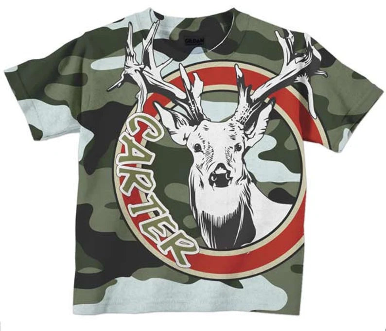 Personalized Camouflage Shirt, Personalized Deer Antlers Boys T-shirt Top - Christian Art Bag