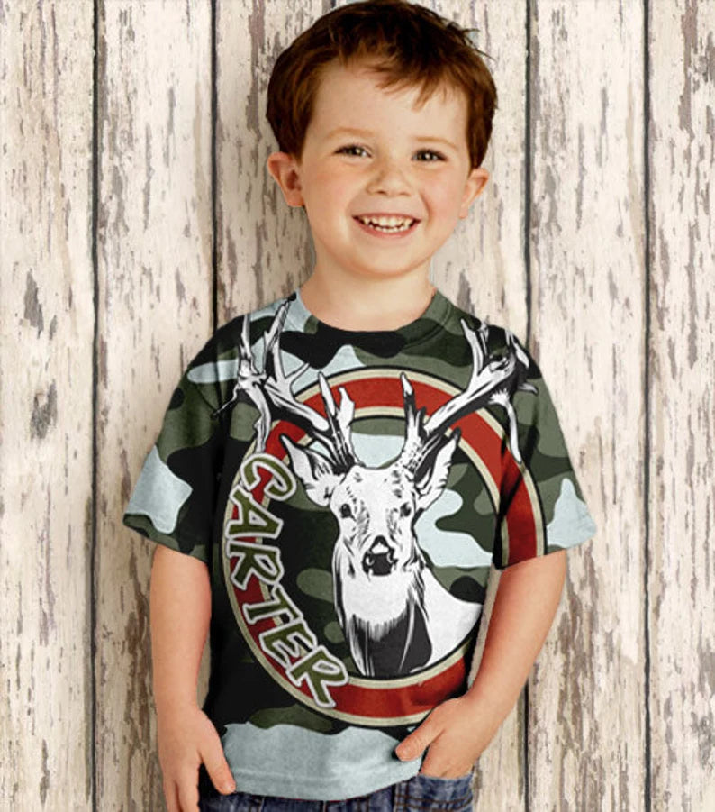 Personalized Camouflage Shirt, Personalized Deer Antlers Boys T-shirt Top - Christian Art Bag